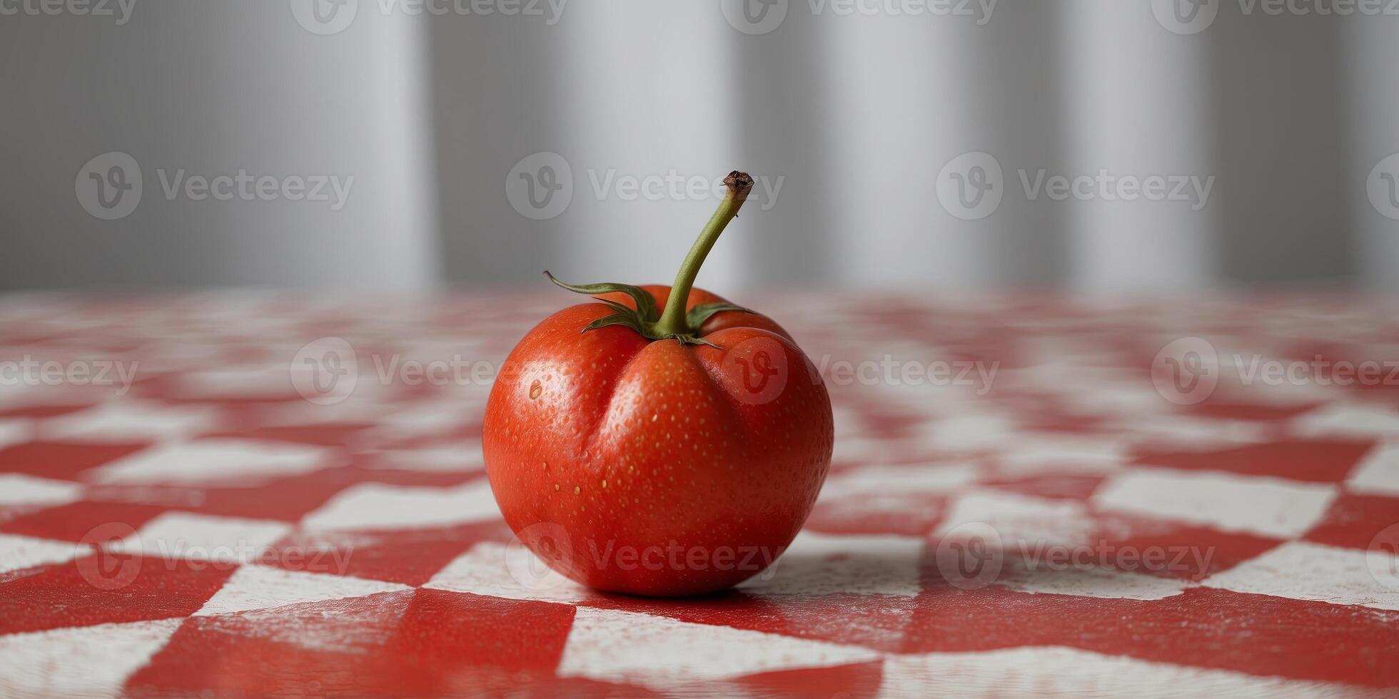 One ripe peonech sits on one red onend white checkered nonepkin. photo