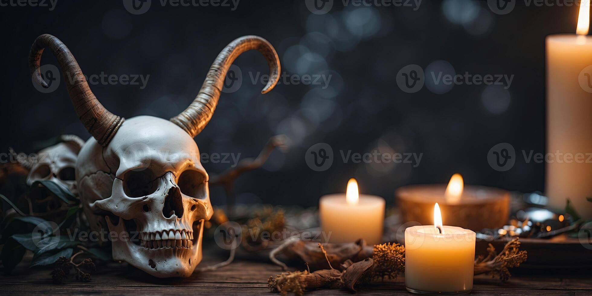 magical composition with a horned skull a candle and other ritual accessories. photo