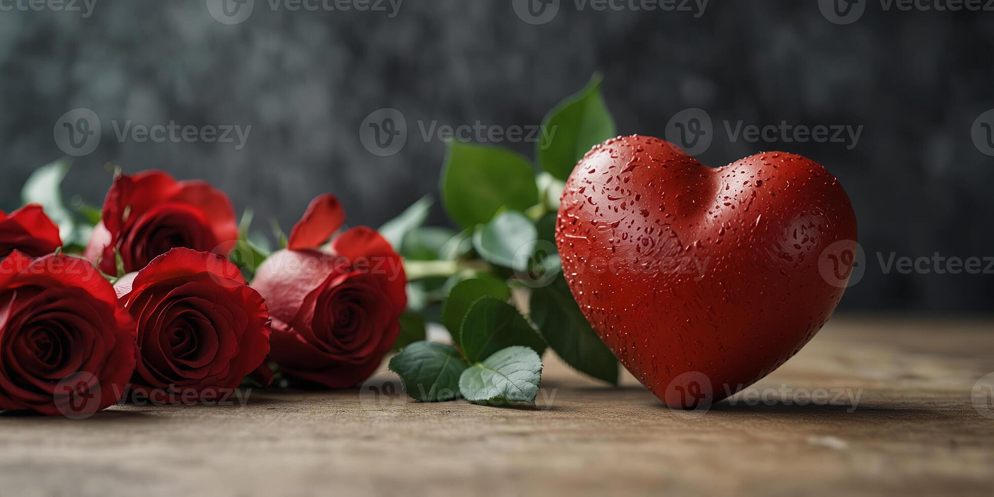 A red heart shaped object adorned with a beautiful bouquet of roses in a copy space image. photo