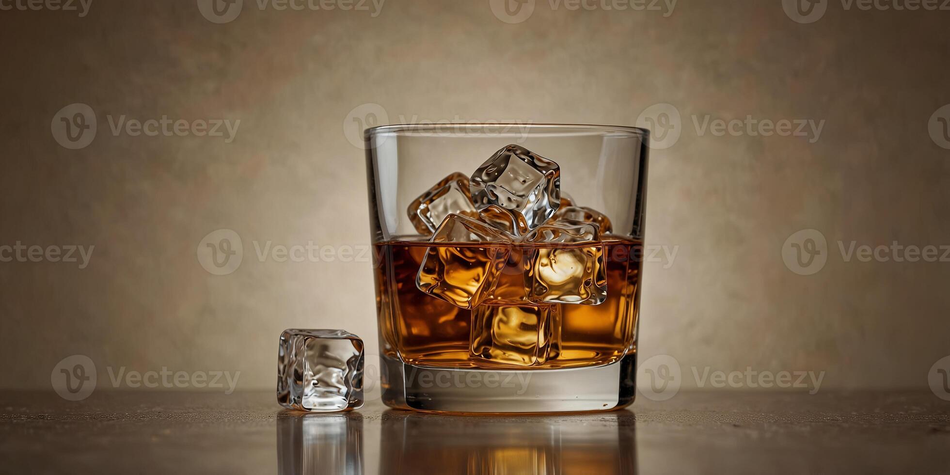 Glass of whiskey with ice cubes on a beige background, minimalist and elegant drink concept. photo
