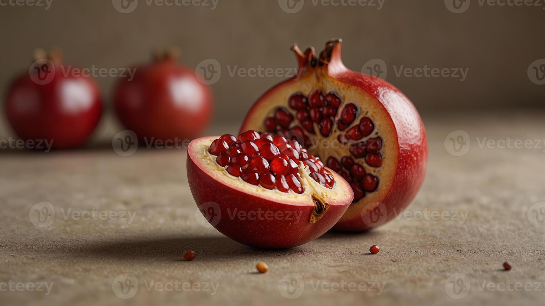 Halved pomegranates with seeds on a beige background, healthy eating and nutrition concept. photo