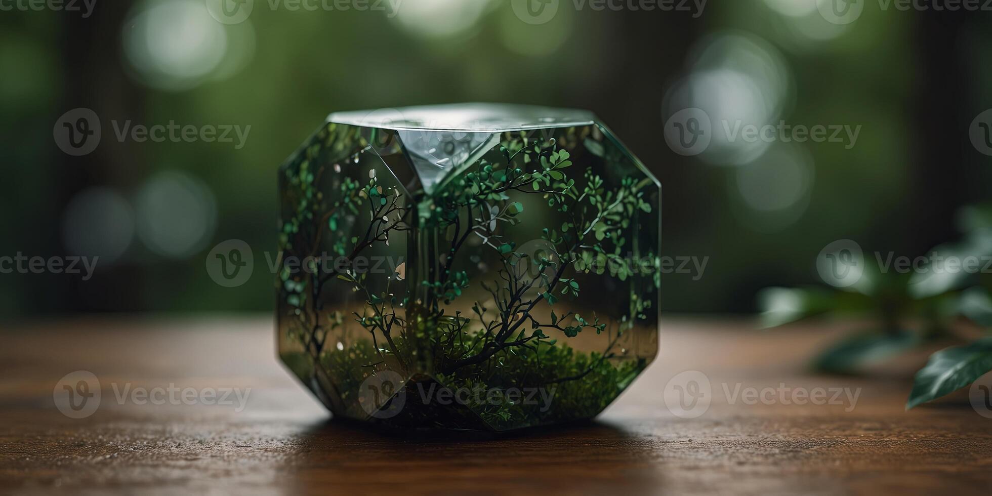 Close up image of an octagonal rpg die on a reflective surface with green branches in the background. photo