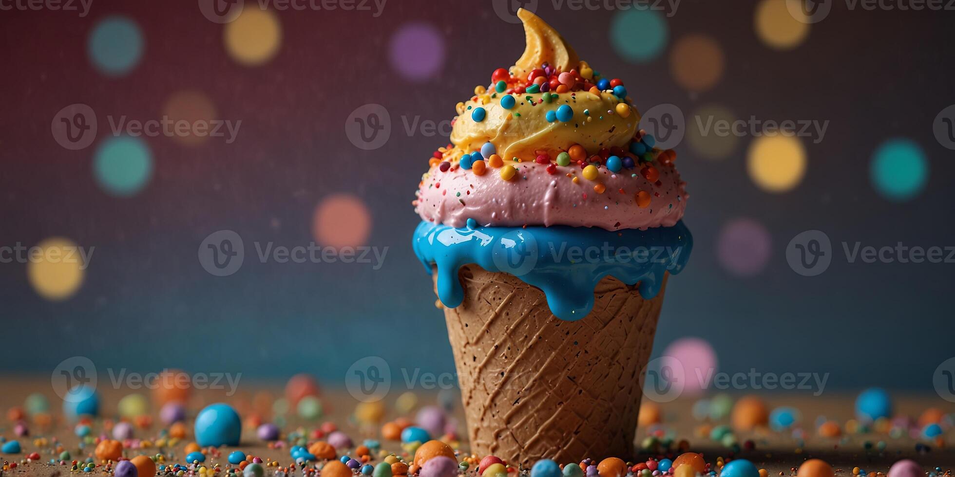 Colorful ice cream cone with sprinkles and candy. photo