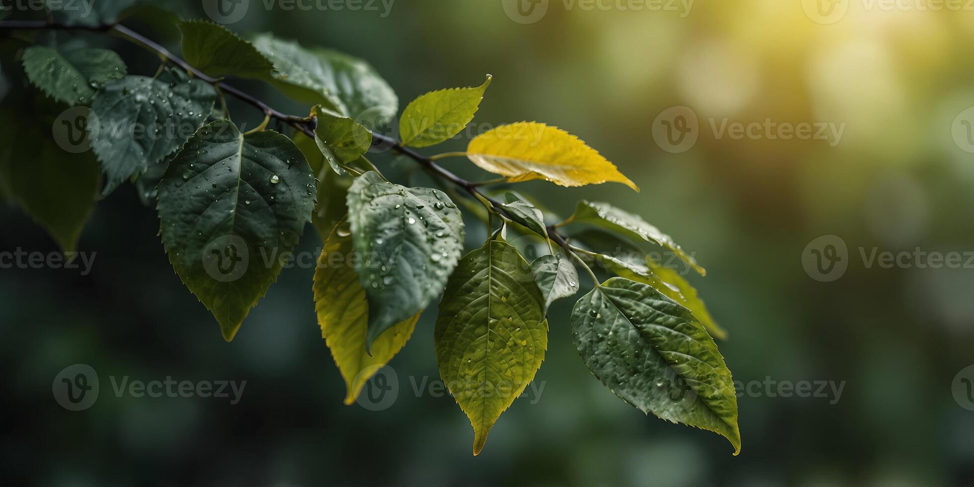 Green leaves with yellow gradient on soft background, nature concept. photo