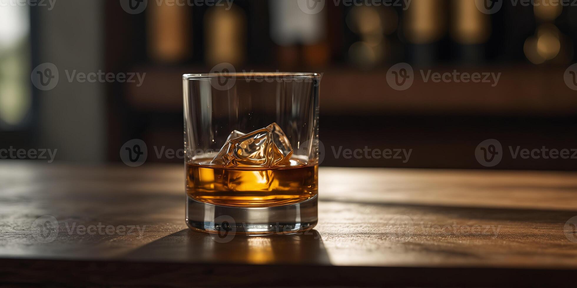 Glass of whiskey on a table with sunlight and shadows, minimalist interior Elegant and refined lifestyle concept. photo