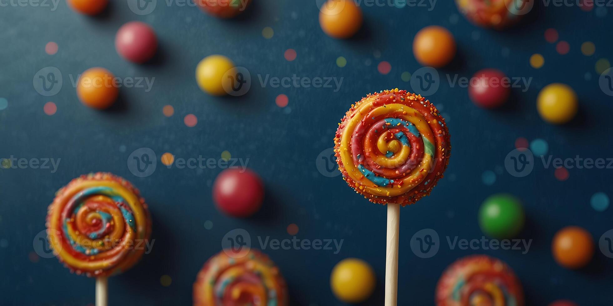 Colorful candy lollipop with sprinkles and floating candies on blue background. photo