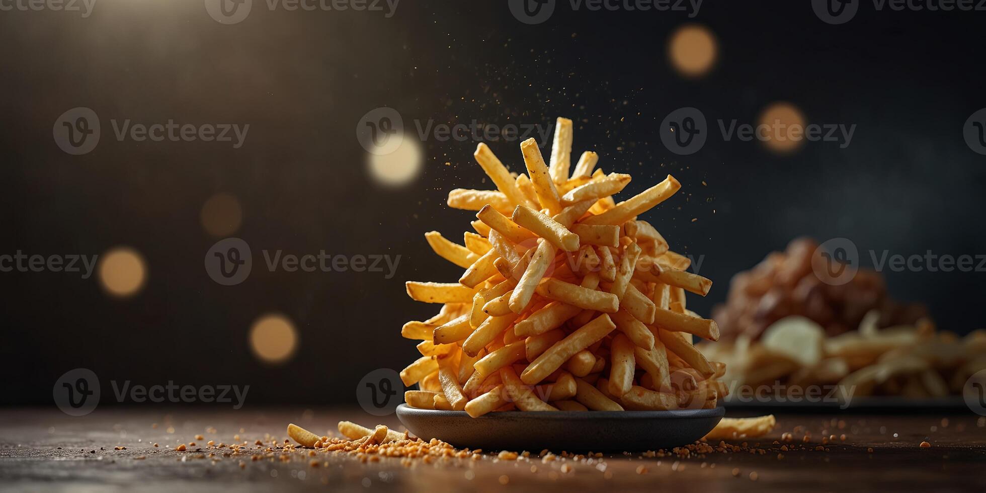 Cinematic light dramatically illuminates a towering pyramid of French fries, creating a powerful and majestic scene perfect for an enticing product ad. photo