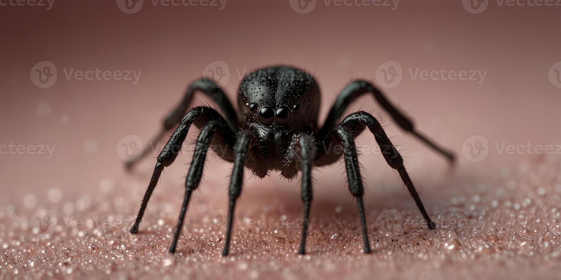 Close-up of a black spider on a pink background. photo