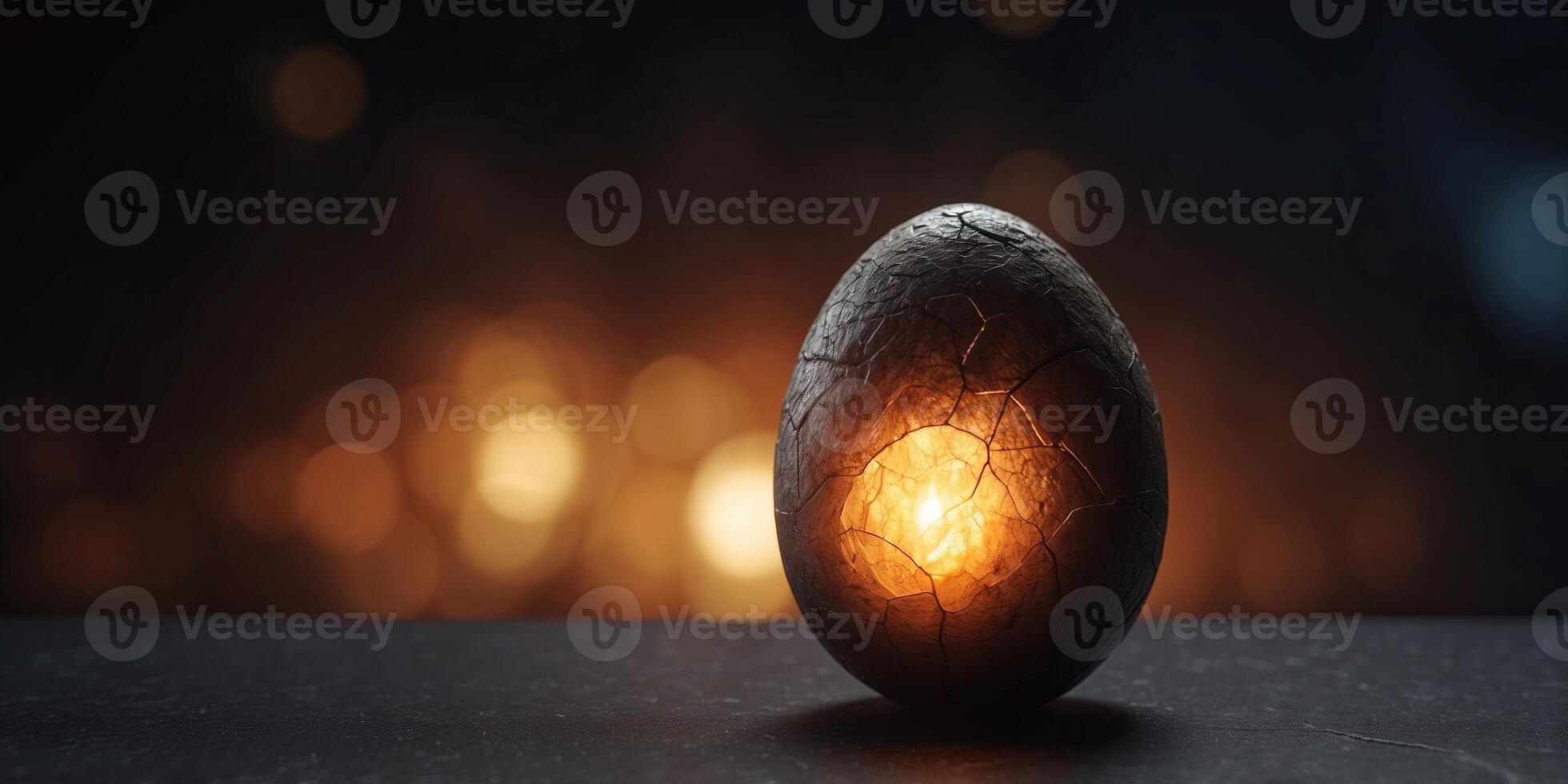 A cracked dinosaur egg revealing a mysterious glowing light inside, placed on the right side of a dark, fantasy background. photo