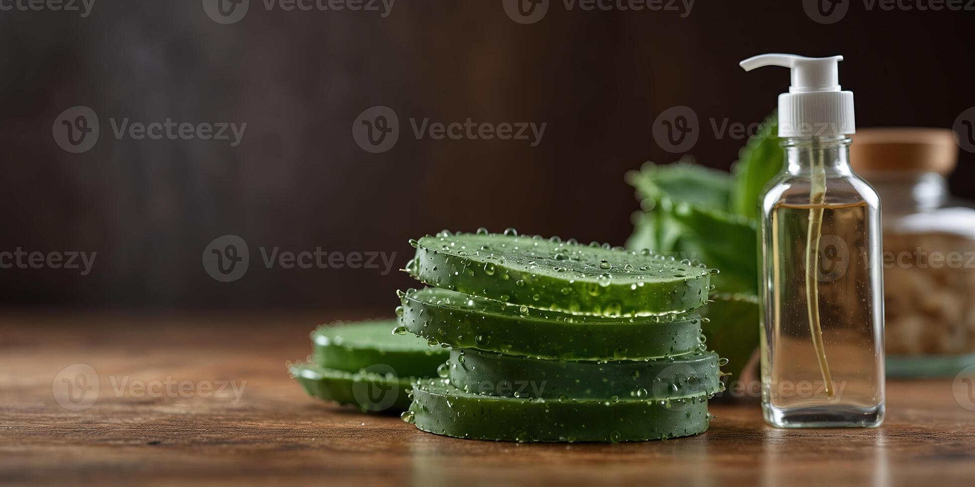 Aloe vera stem slices and gel displayed on a wooden table with a skin therapy concept offering ample copy space image. photo