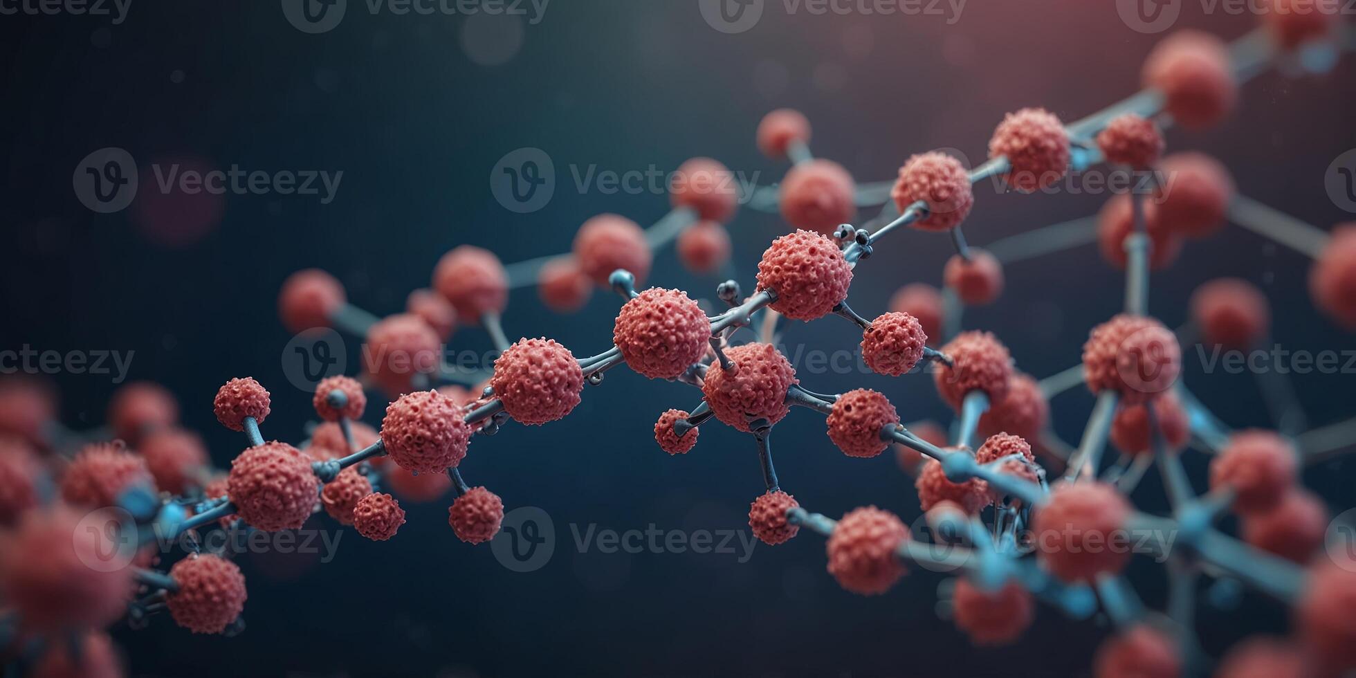 banner Abstract image of molecular structure in blue and pink hues with bokeh effect, soft focus,defocus copy space, mock-up. photo