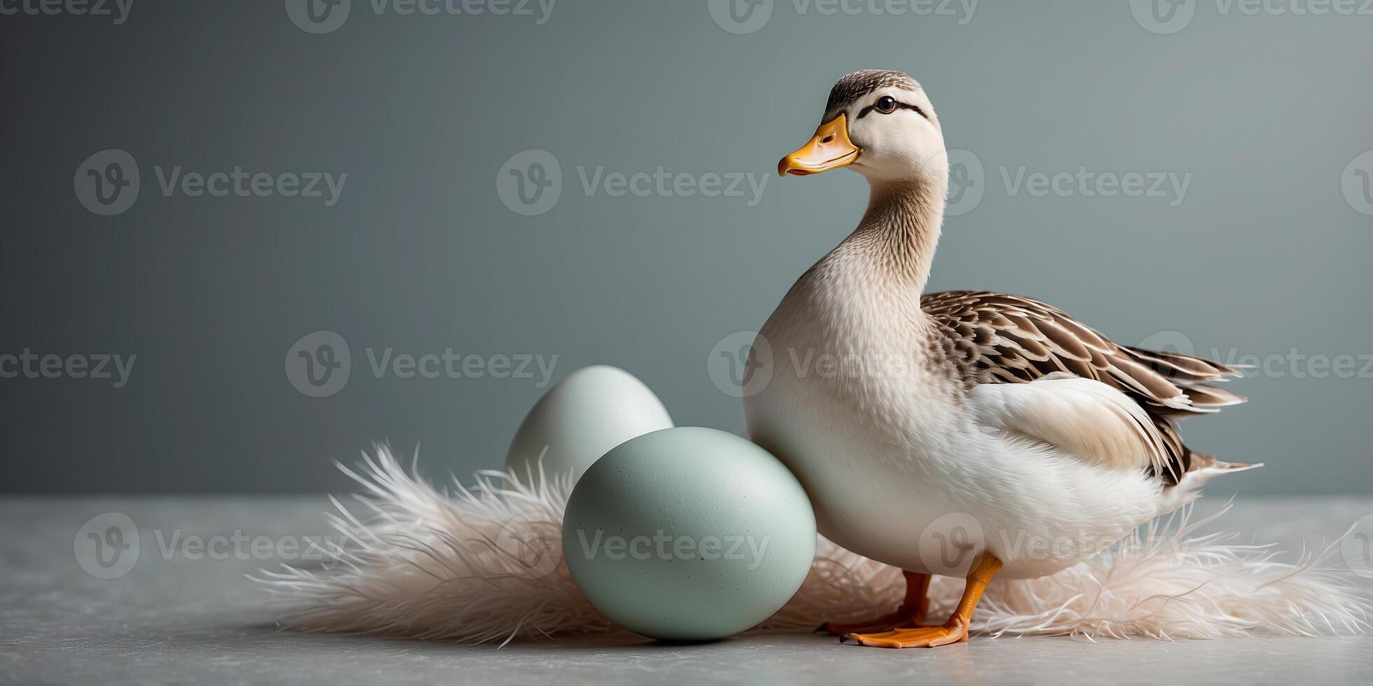 A duck egg surrounded by soft feathers, positioned on the right side of a clean, soft-colored background. photo