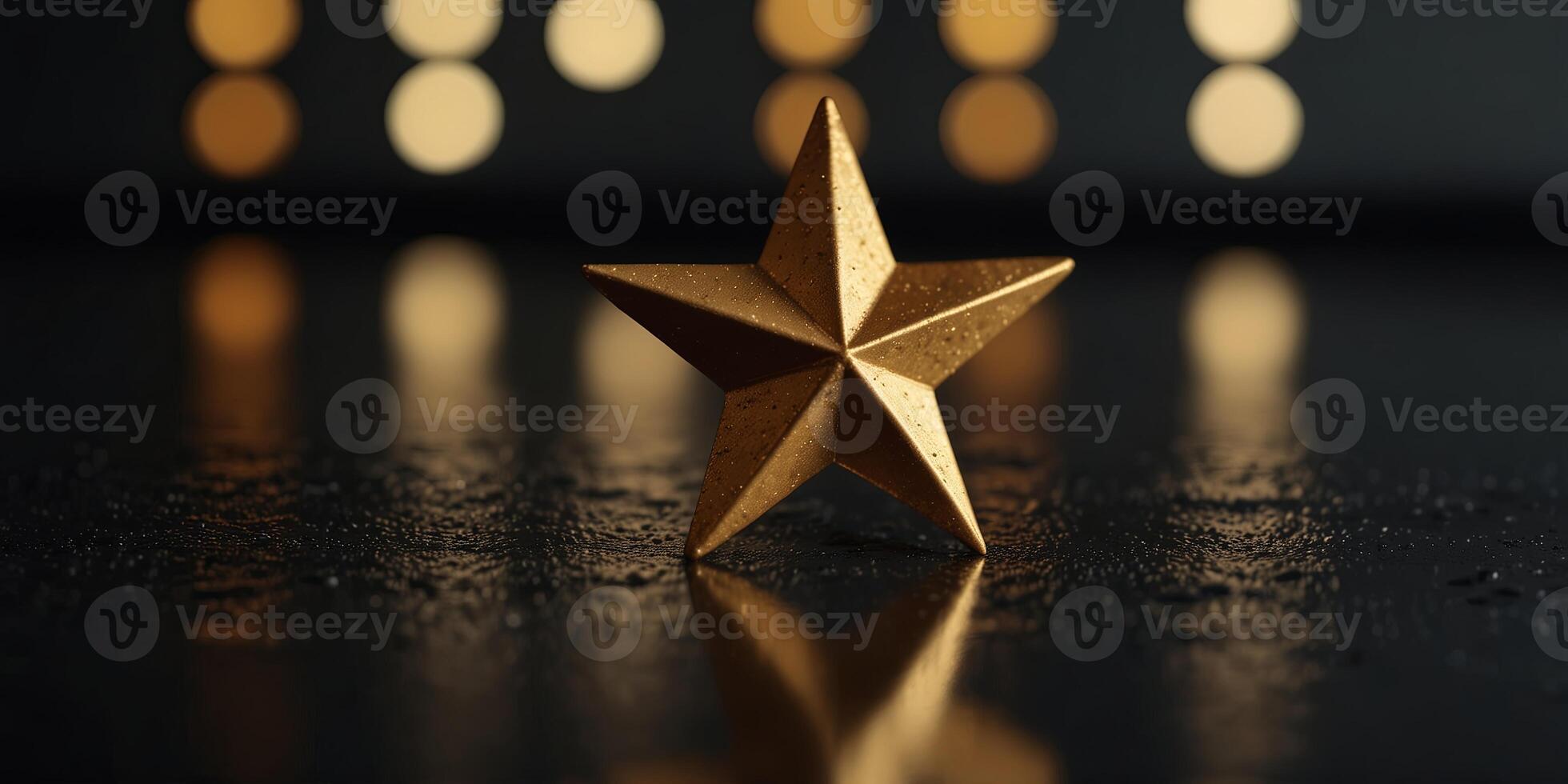 golden star reflecting on a smooth, dark surface, symbolizing premium feedback in a minimalist. photo