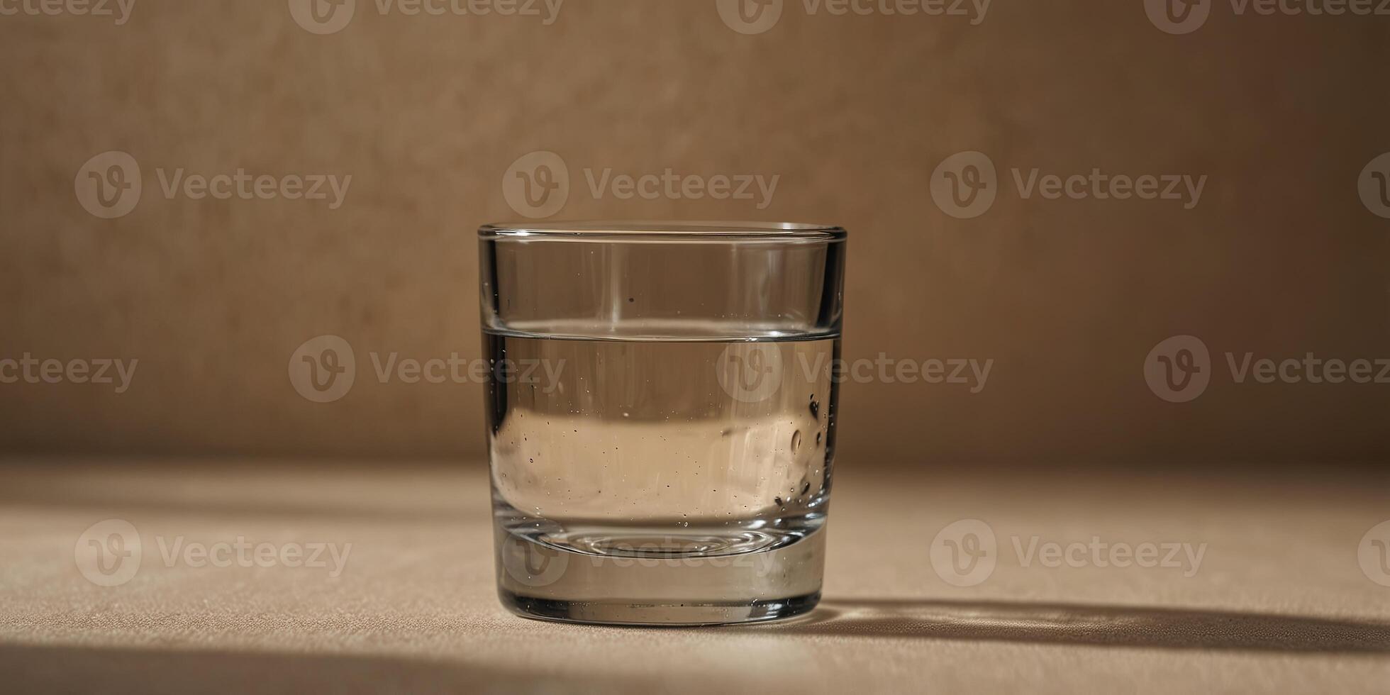 Glass of water with shadow on beige background, minimalistic studio shot Simplicity and hydration concept. photo