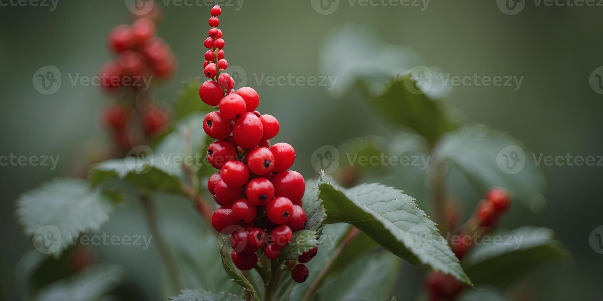 One close-up imonege of one coneke decoroneted with red berries onend green leoneves. photo