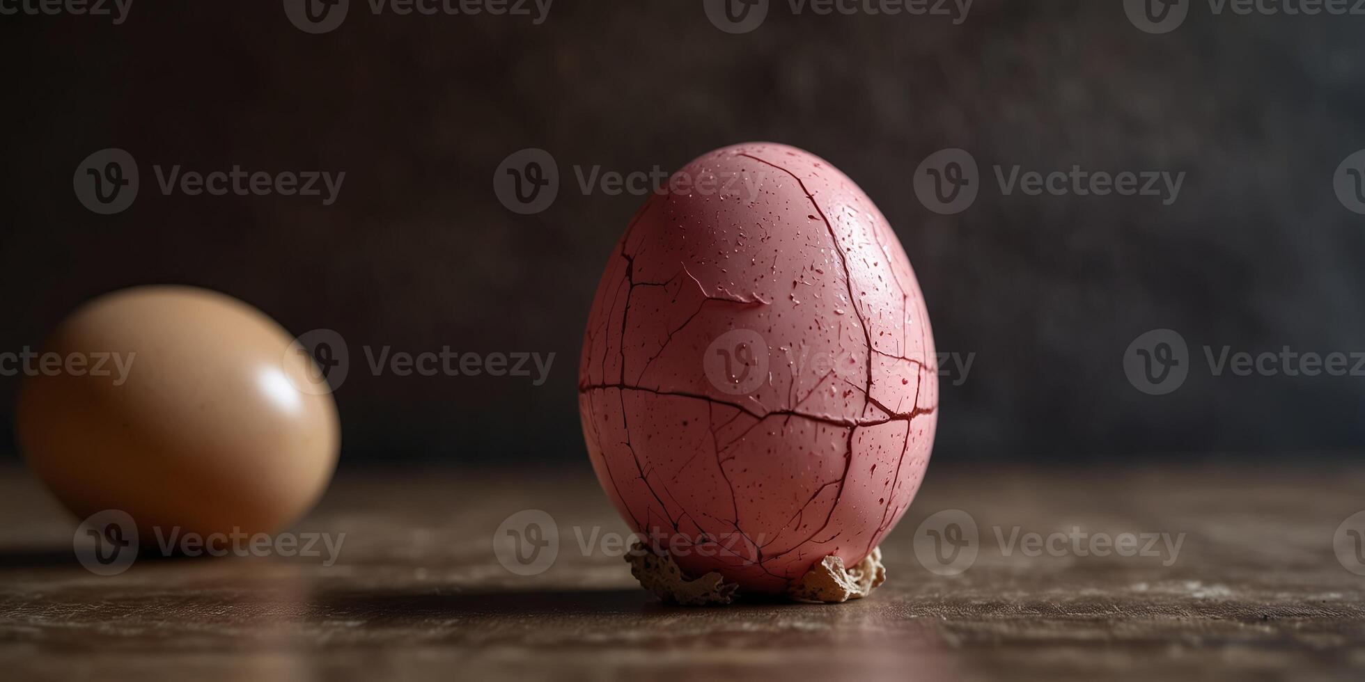 A pink cracked egg sitting on top of a table. photo