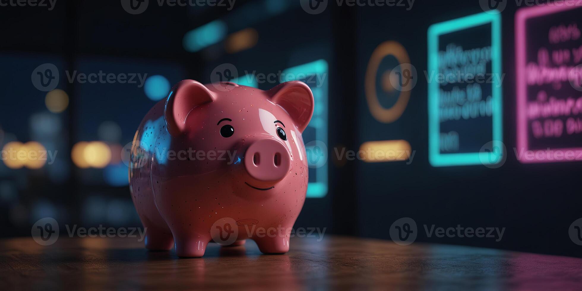 Futuristic piggy bank integrated with biometric security features glowing in neon lights. photo