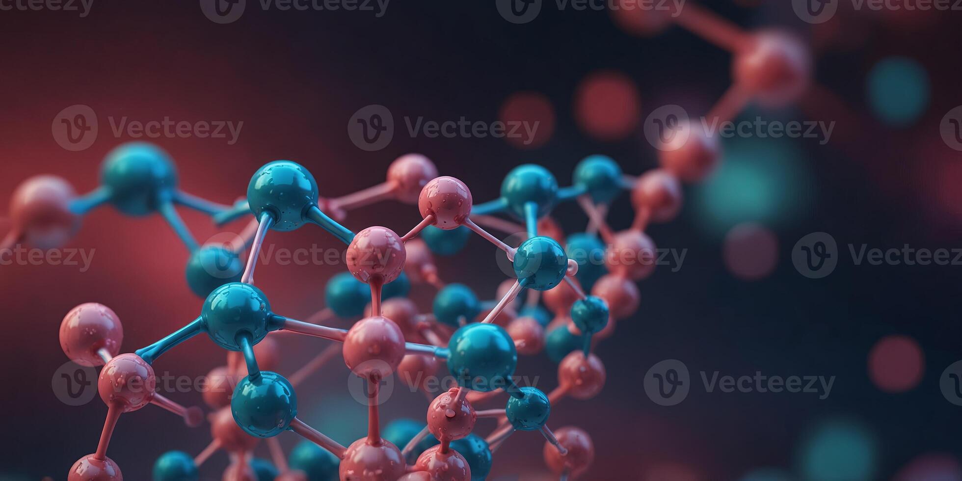 banner Abstract image of molecular structure in blue and pink hues with bokeh effect, soft focus,defocus copy space, mock-up. photo