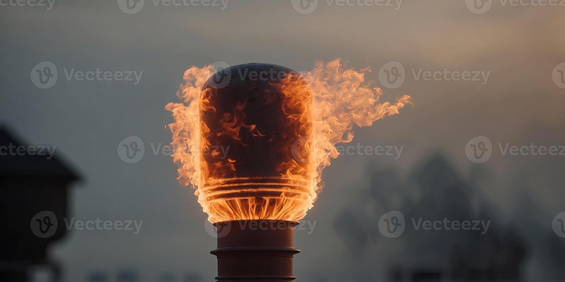 A flare stack burning off excess natural gas creating a bright flame and loud roaring noise. photo