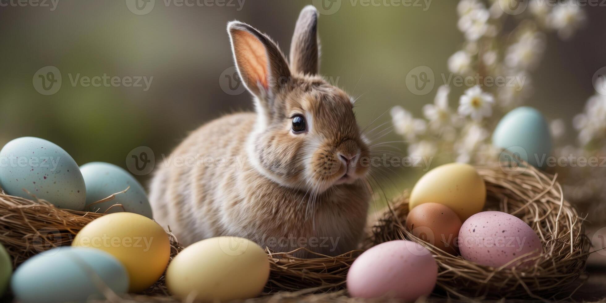 A bunny holding an easter egg with a nest full of easter eggs. photo