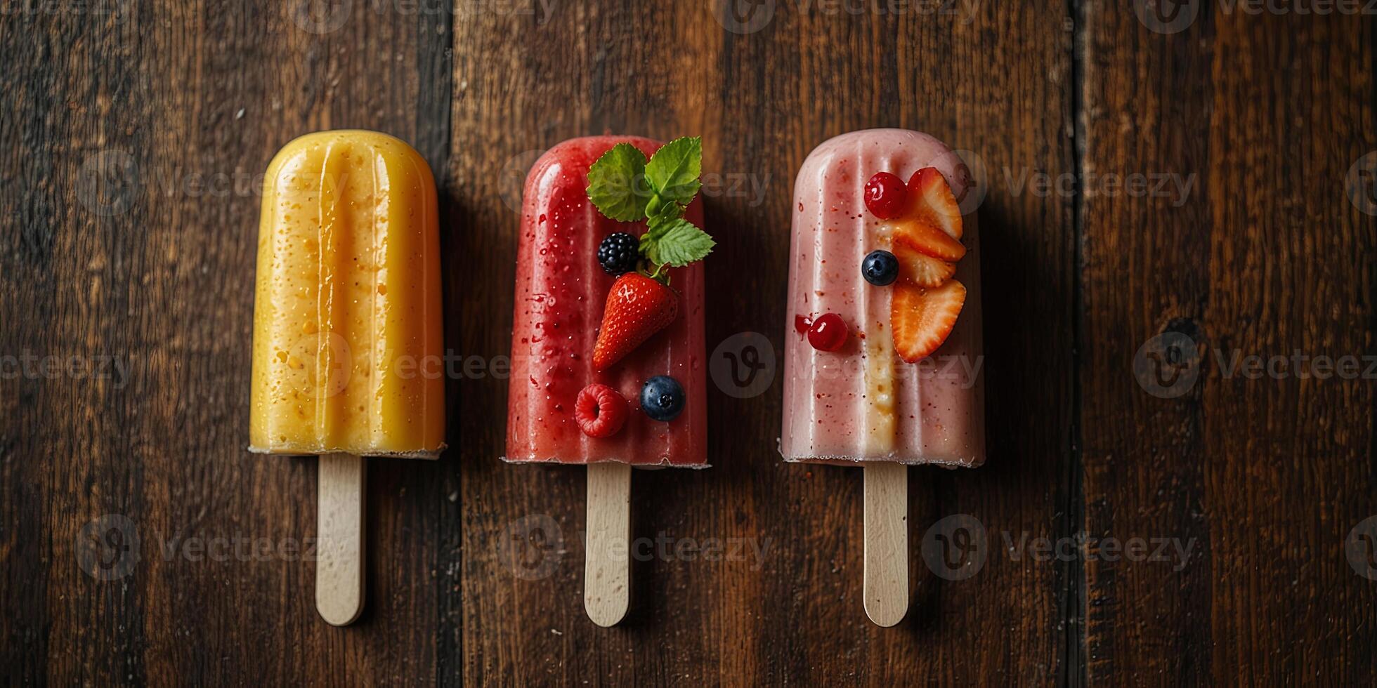 Assorted fruit popsicles on wooden background. photo