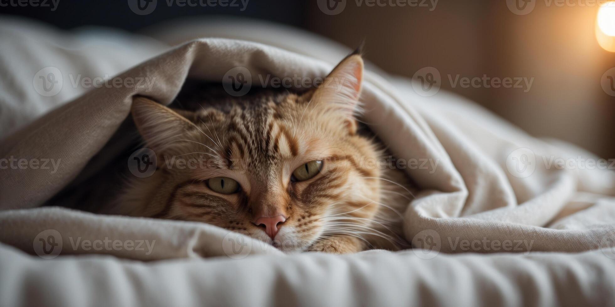 A cat is sleeping on a bed with its head under the blanket. photo