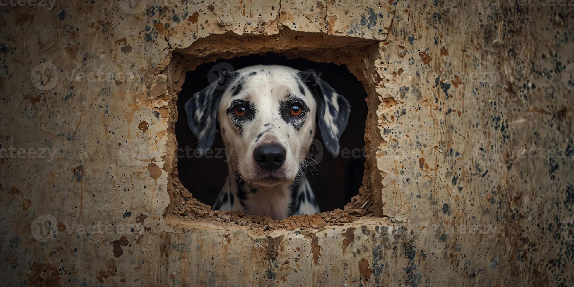 A dalmatian dog looking through a hole in a wall. photo