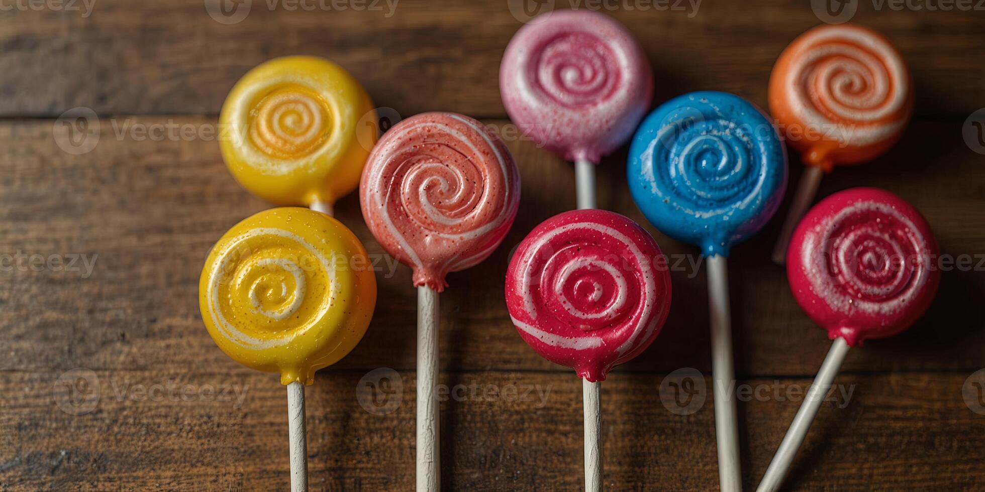 Various lollipops displayed on a wooden table viewed from the top with copy space image. photo