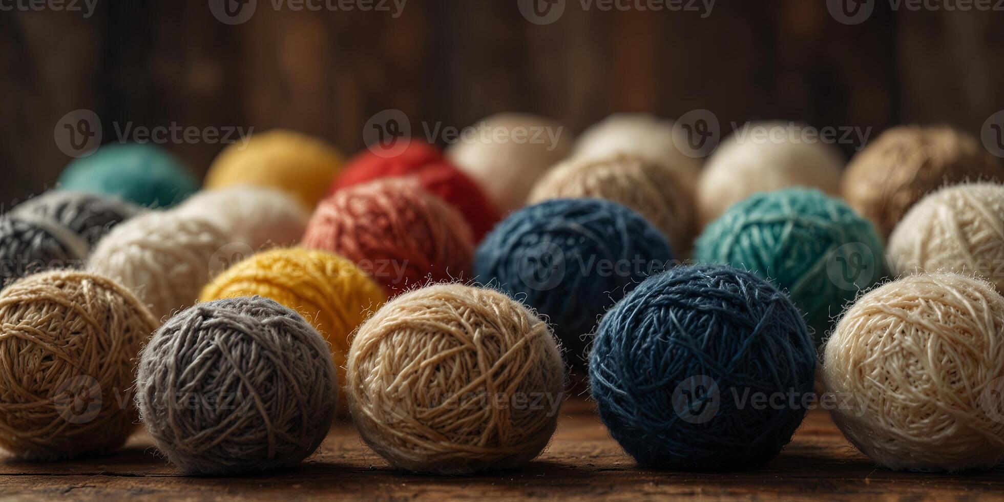 Rows of wool balls on weathered wooden table. photo