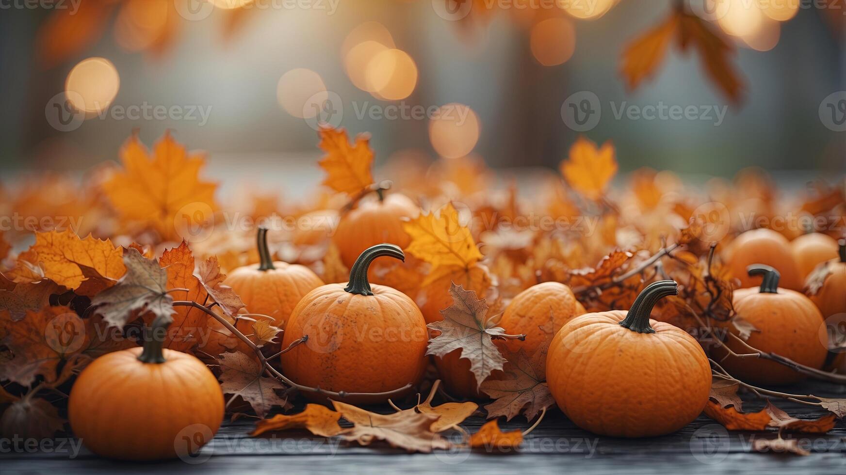 Fall background with orange pumpkins and fall leaves on a light surface. photo
