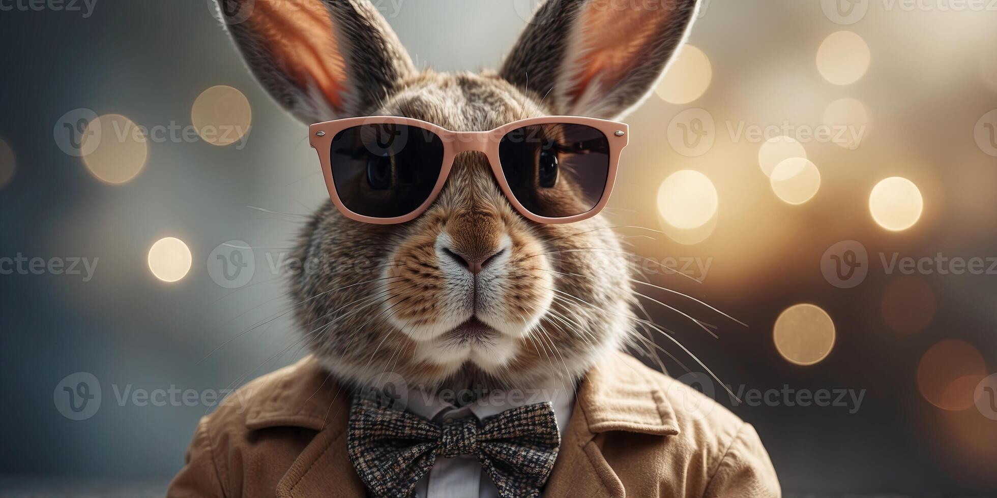 Rabbit dressed in stylish clothes with sunglasses. photo
