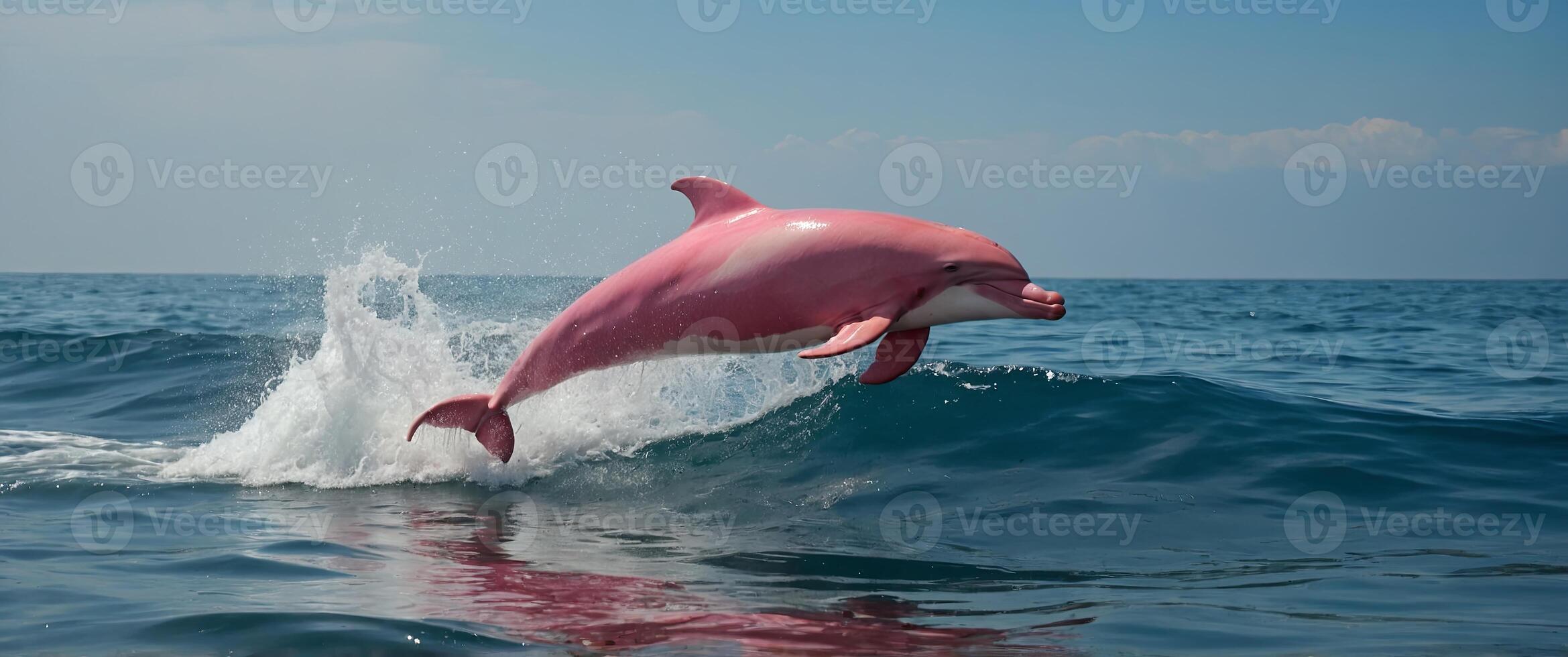 Two beautiful pink dolphins jumping over waves destroying the the ocean wildlife scenery Marine animals. photo