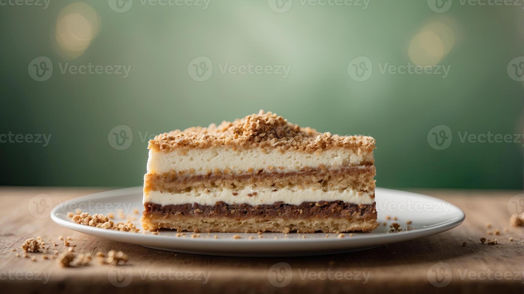 Tiramisu dessert slice on plate with crumbs green background. photo