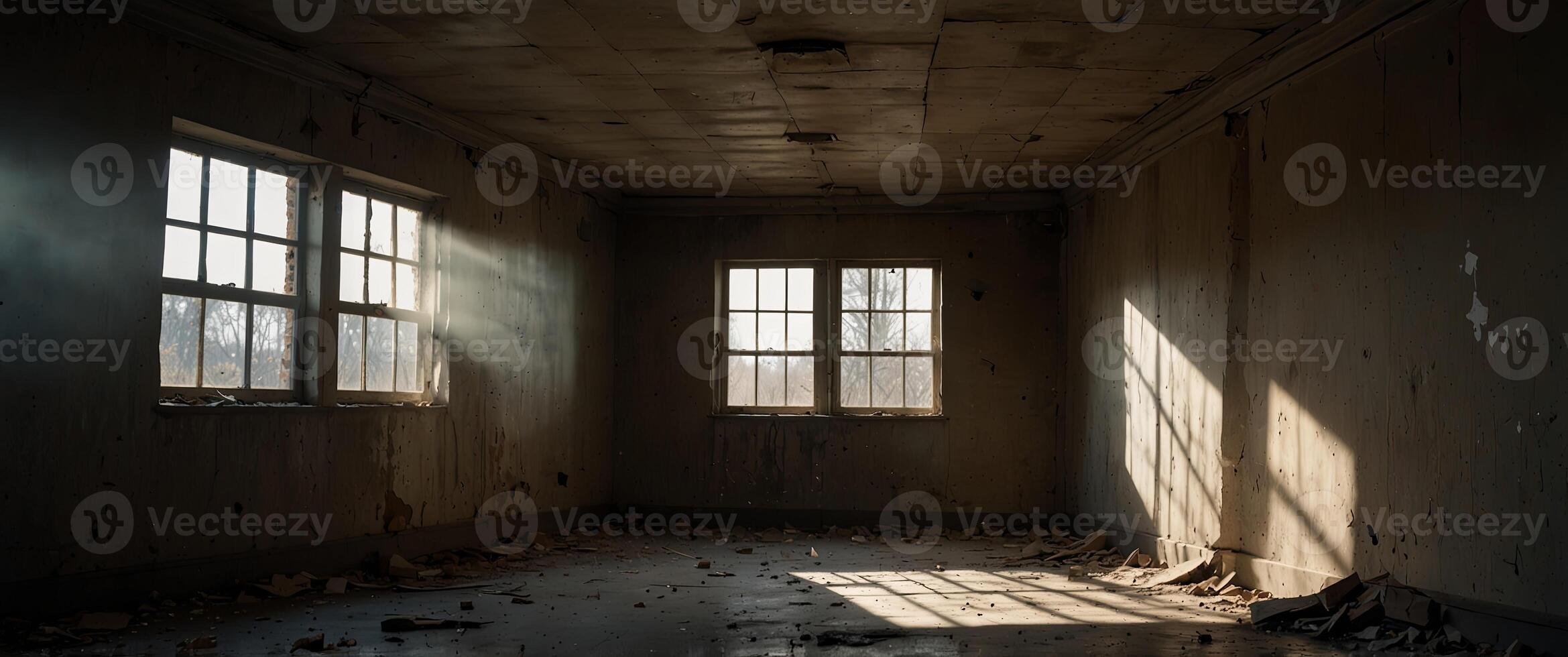 Light and shadow play in an abandoned, ruined room. photo