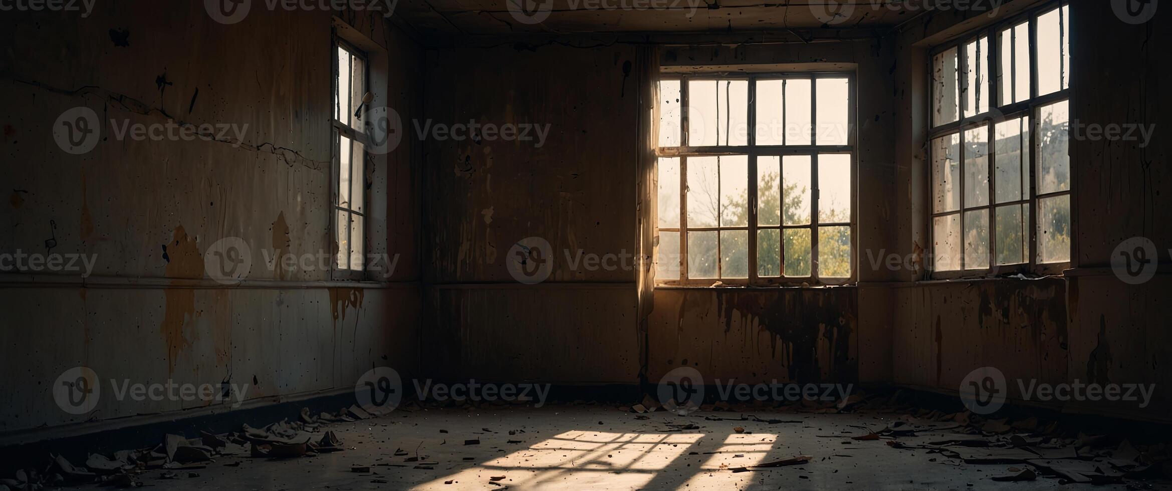 Light and shadow play in an abandoned, ruined room. photo