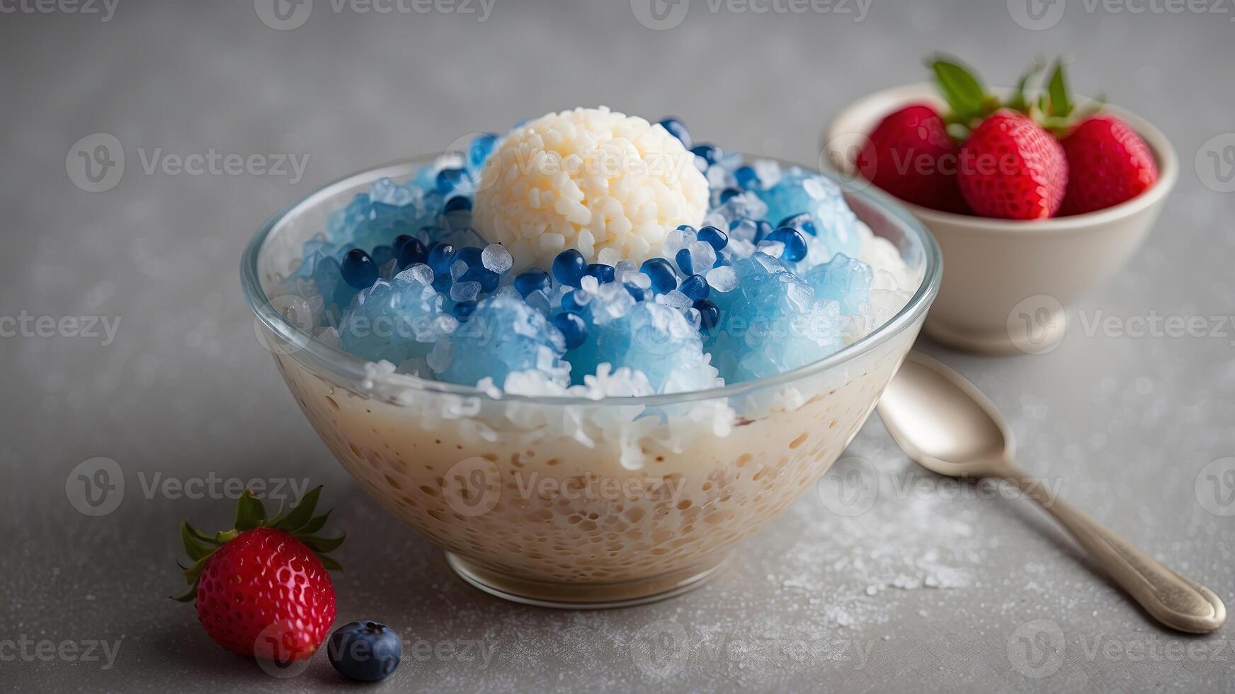 Blue bowl of rice pudding topped with shaved ice. photo