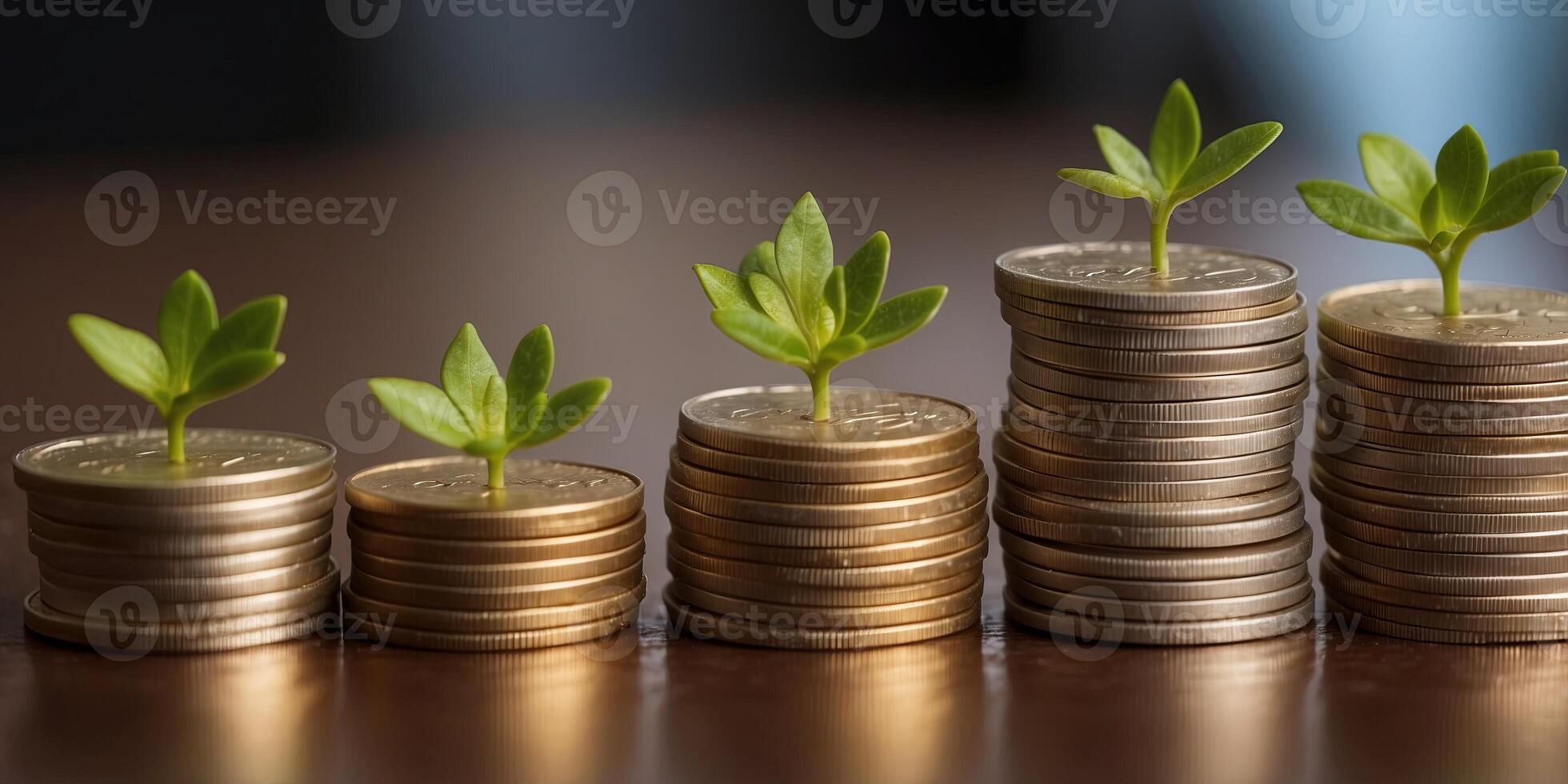 stacks of coins that are increasing, behind the stacks there are sprouts of different heights business concept, sales growth, money growth, economics, scientific article defocus,. photo