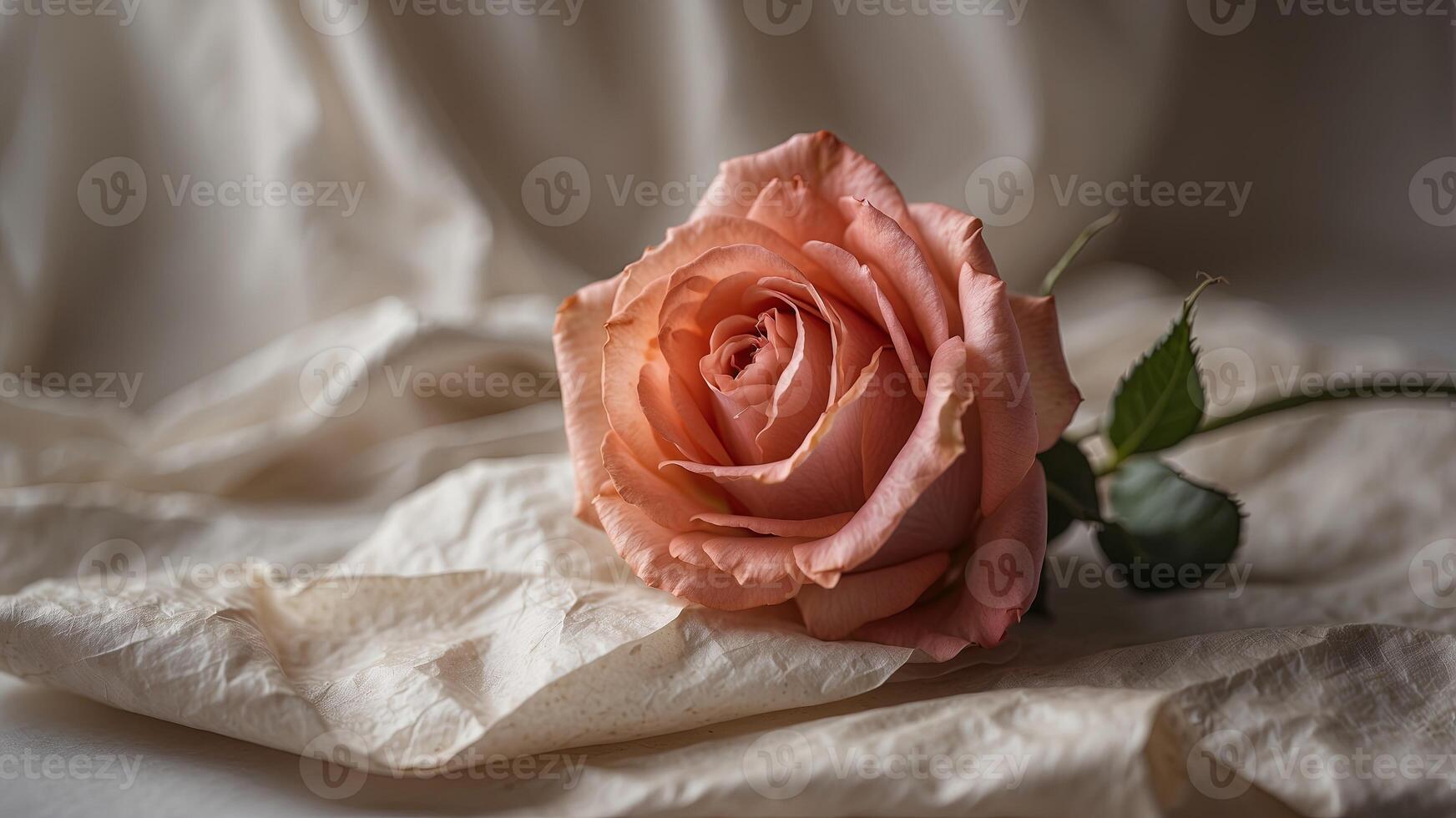 Beautiful solitary rose on paper with crumpled tissue, symbolizing the fragility and beauty of nature. photo