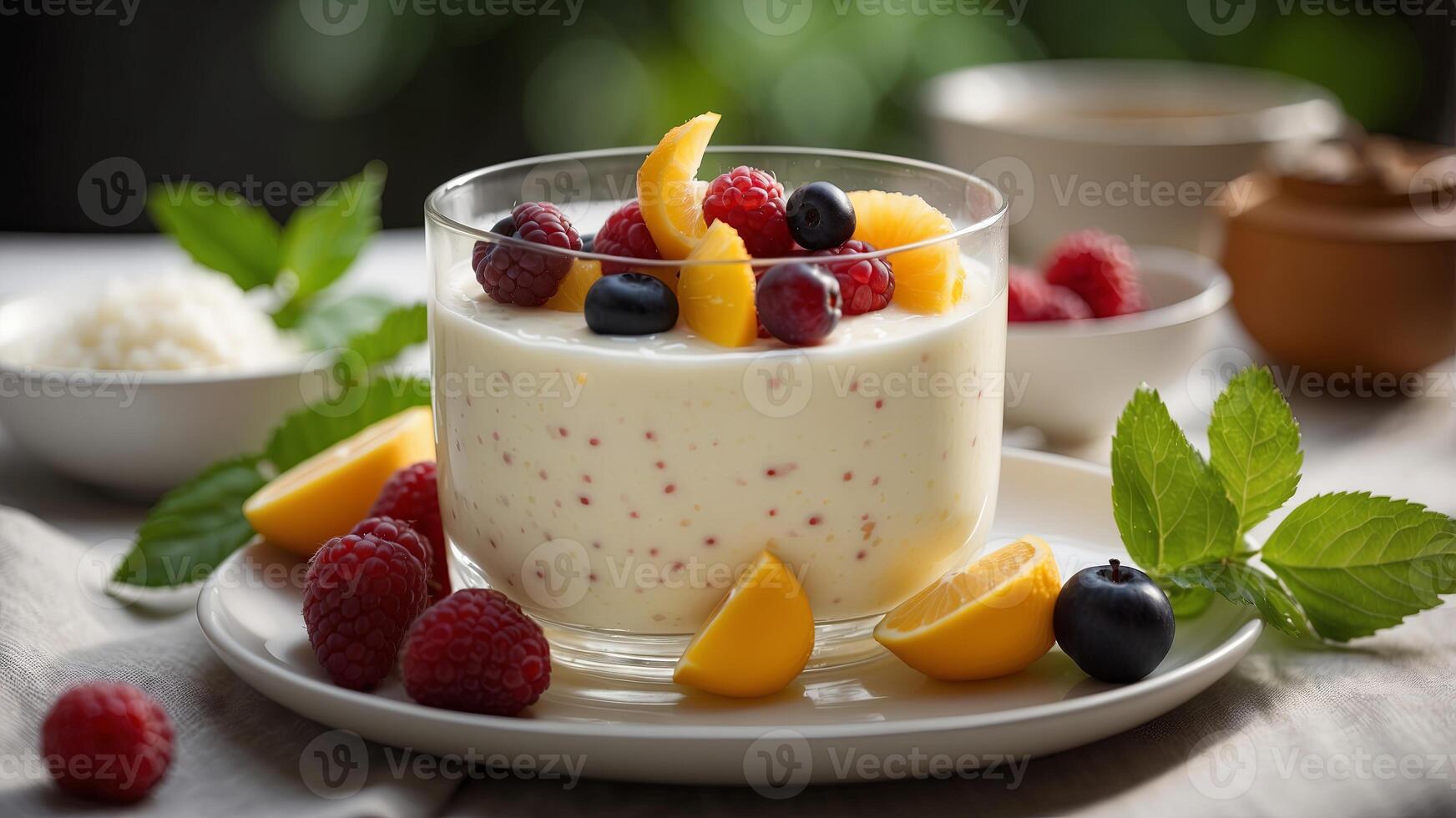 Bowl of creamy tapioca pudding with fruit slices on green leaves. photo