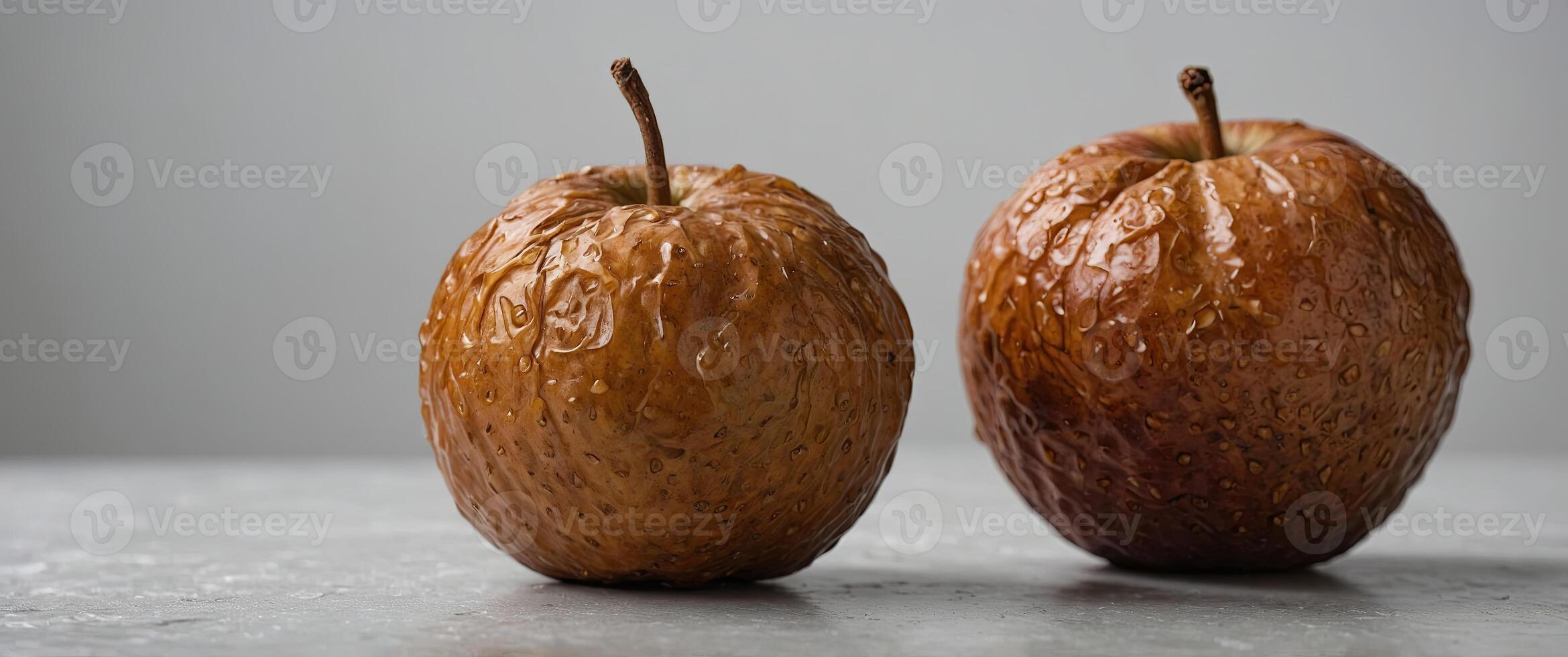 Three brown fruit's with wrinkled skin sit on a white surface the fruit's are round and have a small stem at the top the skin of the fruit's is dry and cracked. photo