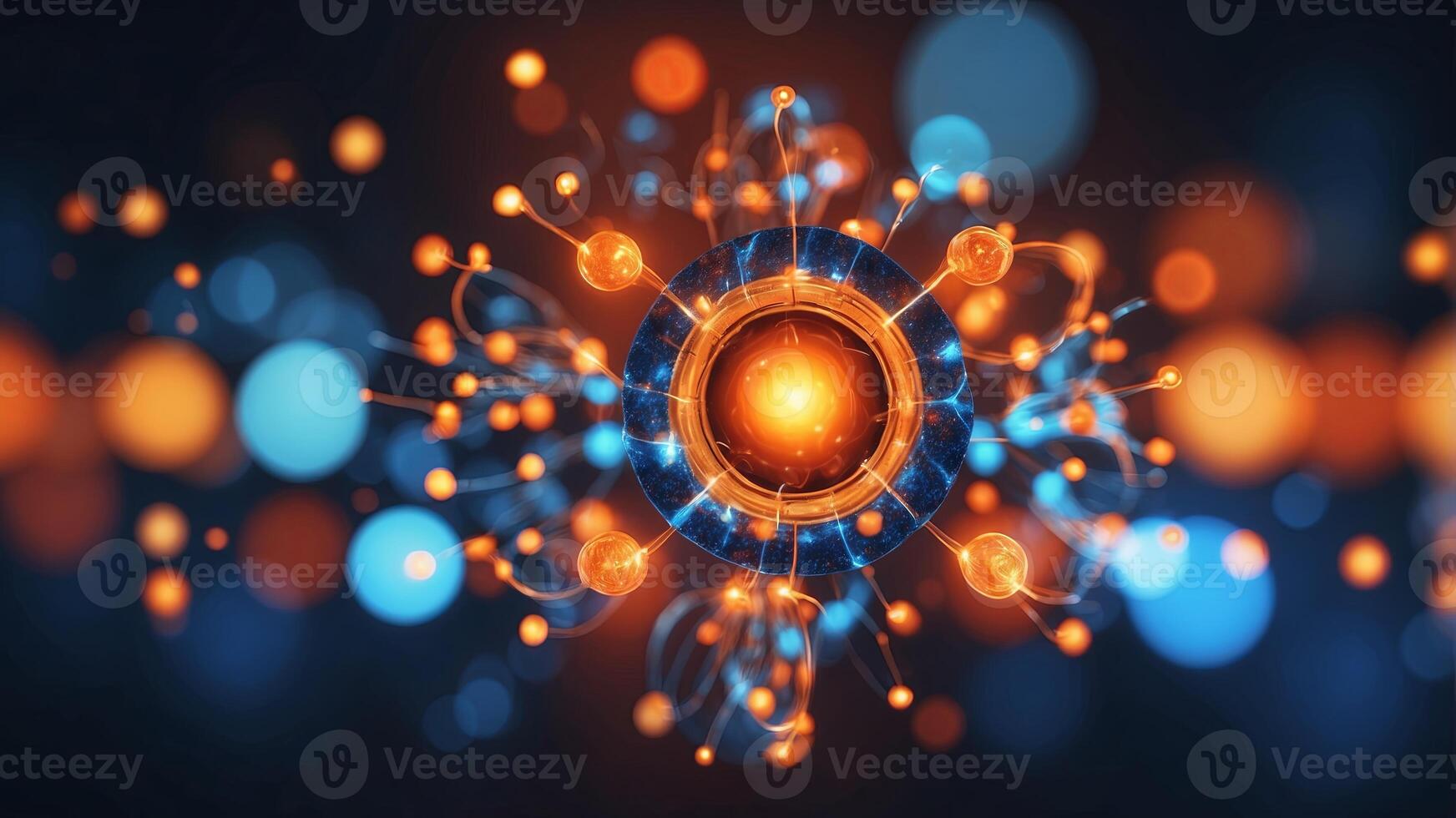 Abstract glowing atom with vibrant blue and orange colors, representing science, energy, and innovation. photo