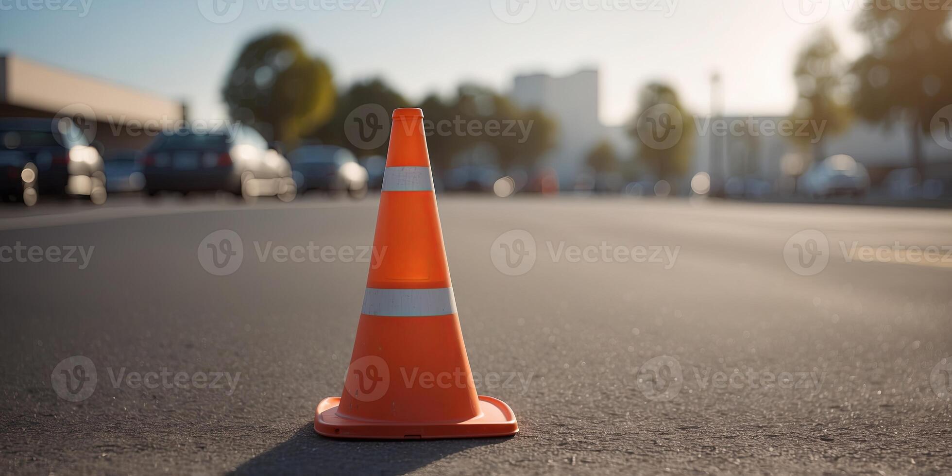 Traffic cone unused beside building in parking lot. photo