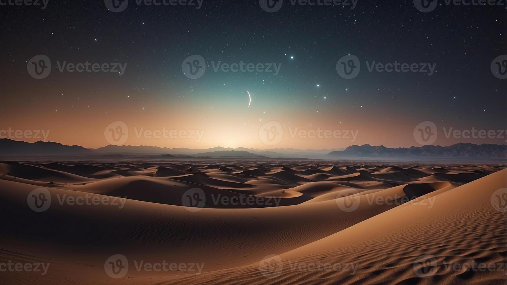 Abstract desert landscape with crescent moon and starry sky. photo