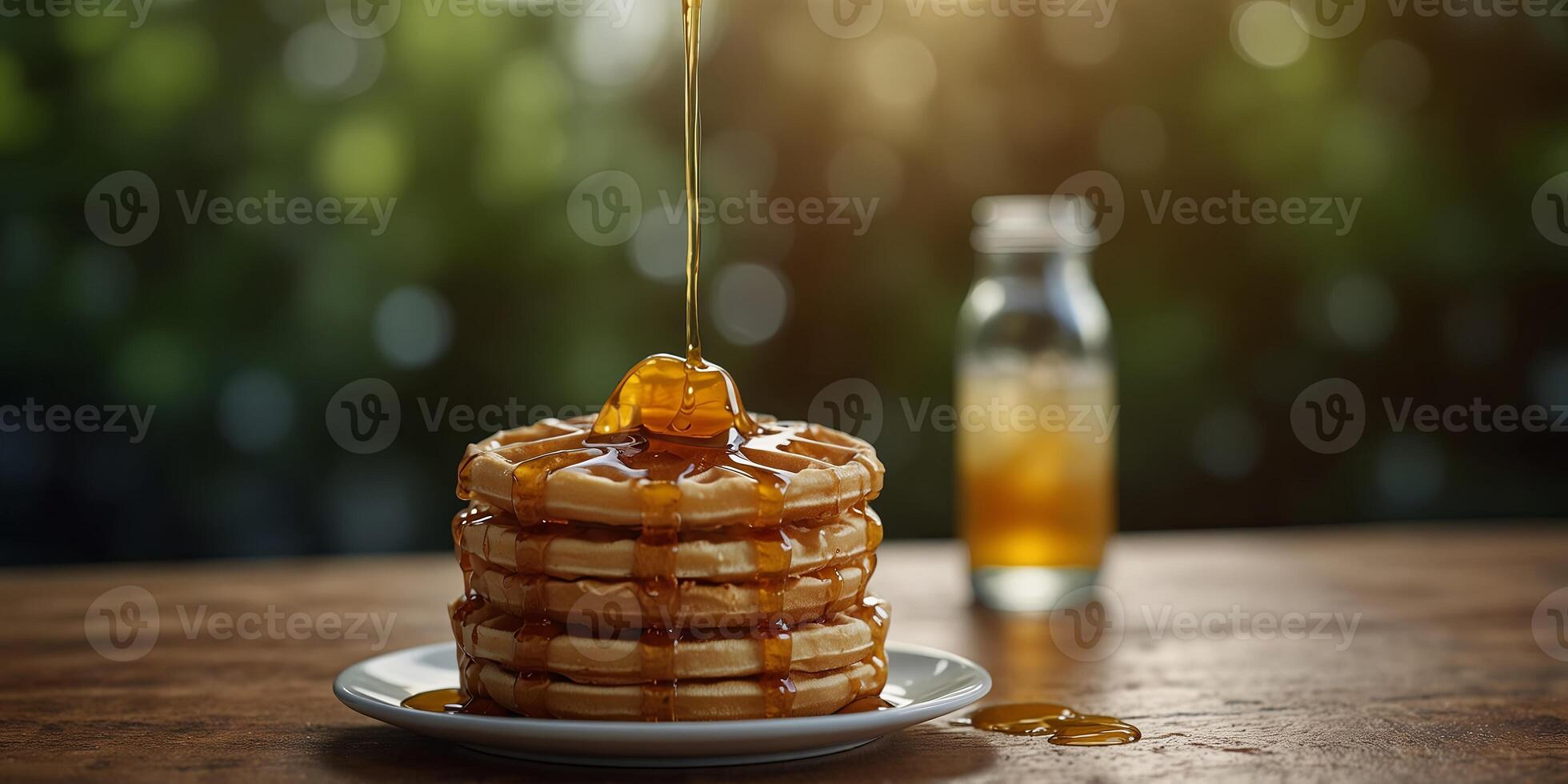 Stack of waffles with syrup, morning breakfast concept. photo
