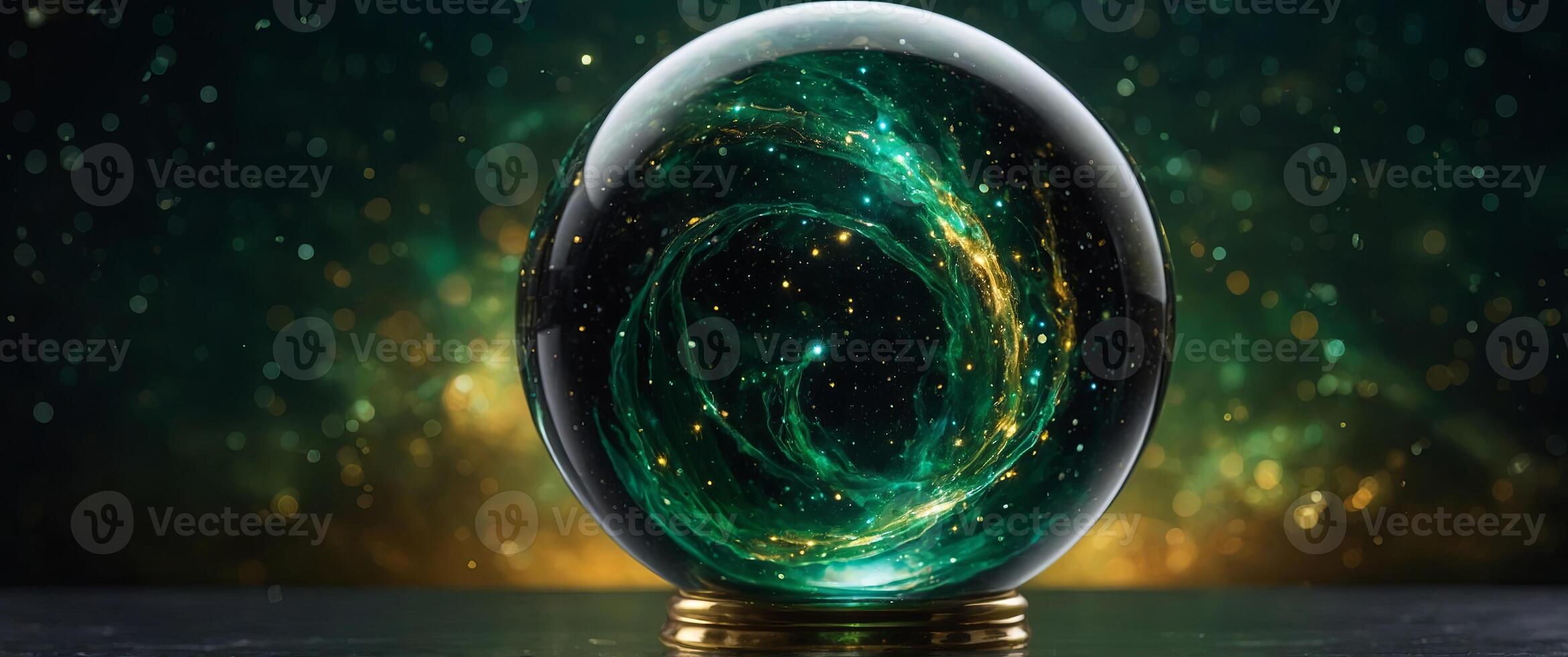 A glass orb with swirling ribbons of deep green and gold seemingly capturing a miniature galaxy within. photo