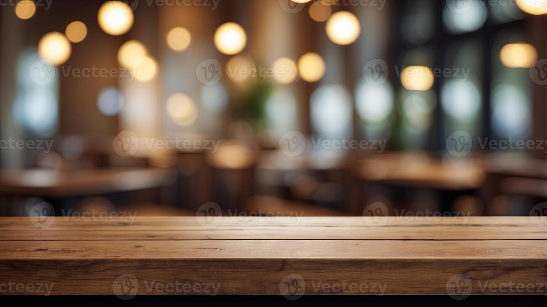 empty wooden table top surface in cafe bar bakery indoor interior for food hot drink product display presentation exposition marketing background. photo