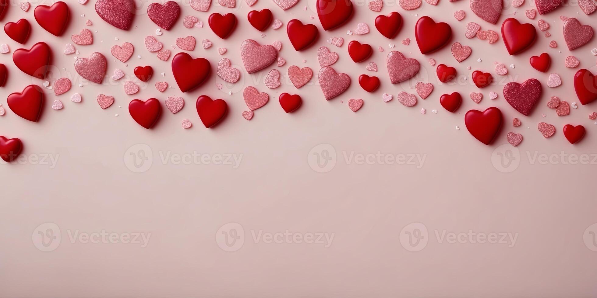 Valentine s Day design Red hearts border on a pink background with top down copy space. photo