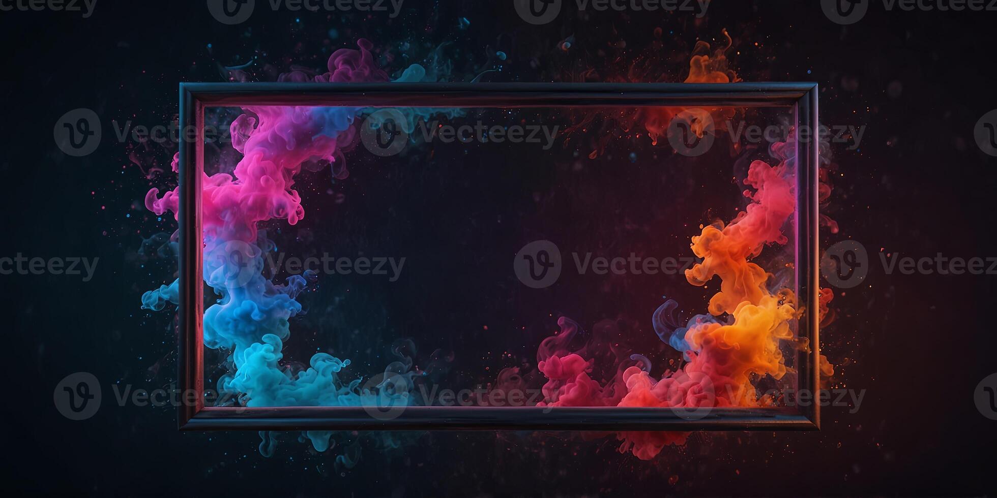 Neon frame with colorful smoke and bubbles, abstract futuristic background. photo