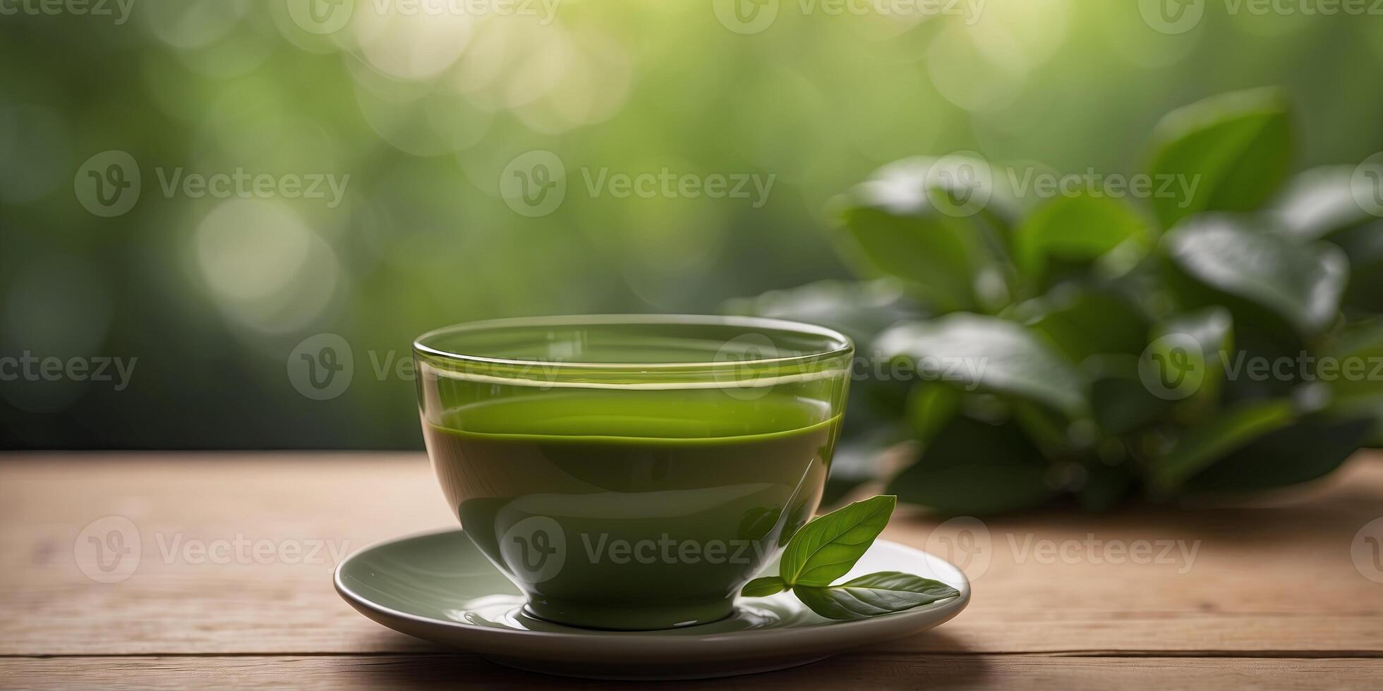 A cup of matcha green tea on a wooden table with green leaves in the background. photo