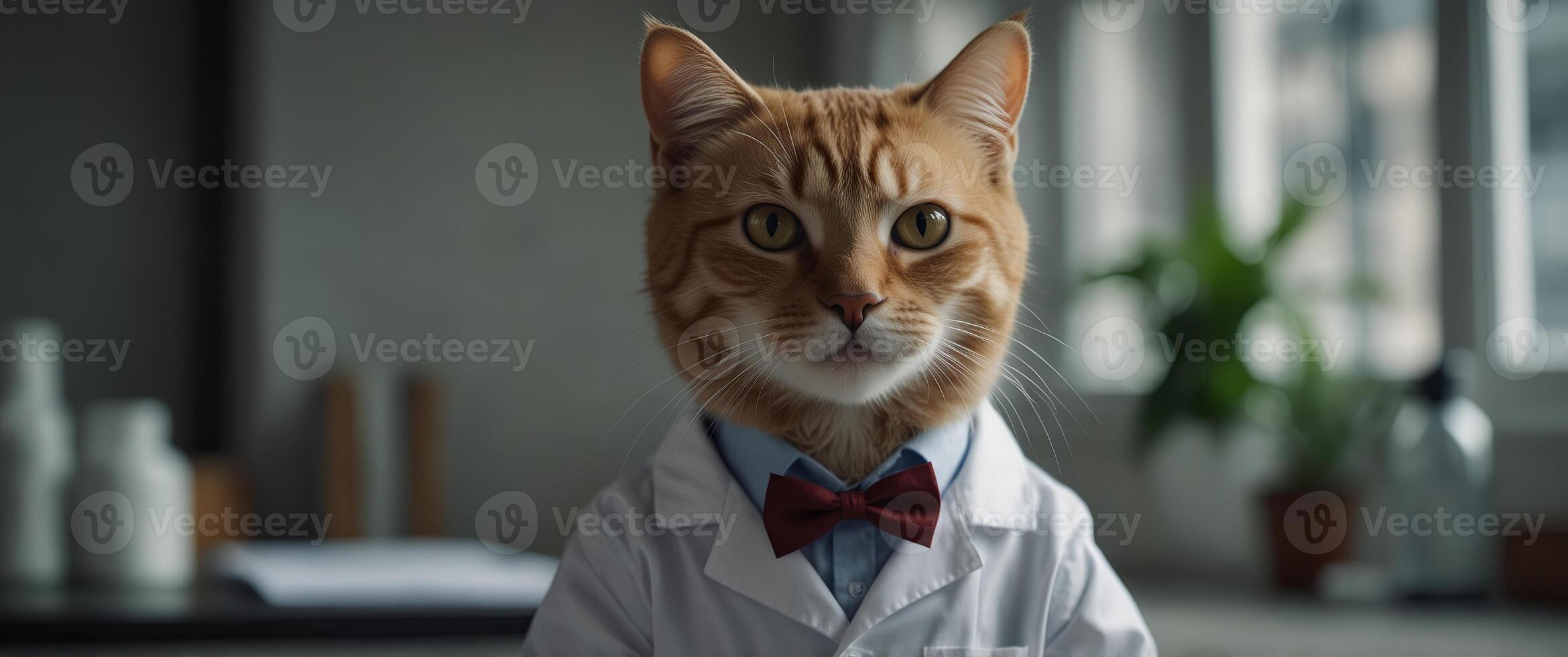 The cute cat wearing veterinarian's costume Doctor cat in a white medical coat Doctor cat. photo
